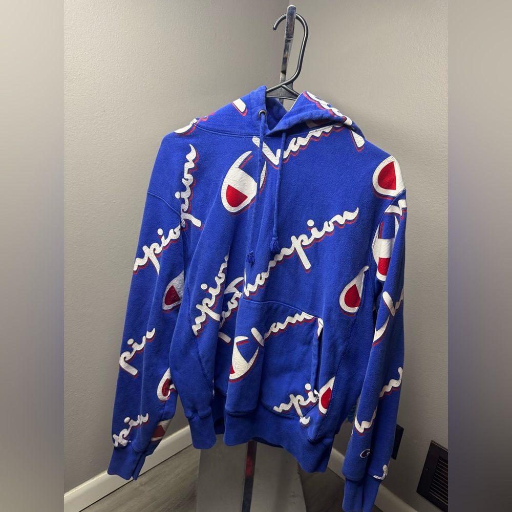 Champion Royal Blue Allover Logo Hoodie with Red & White Accents